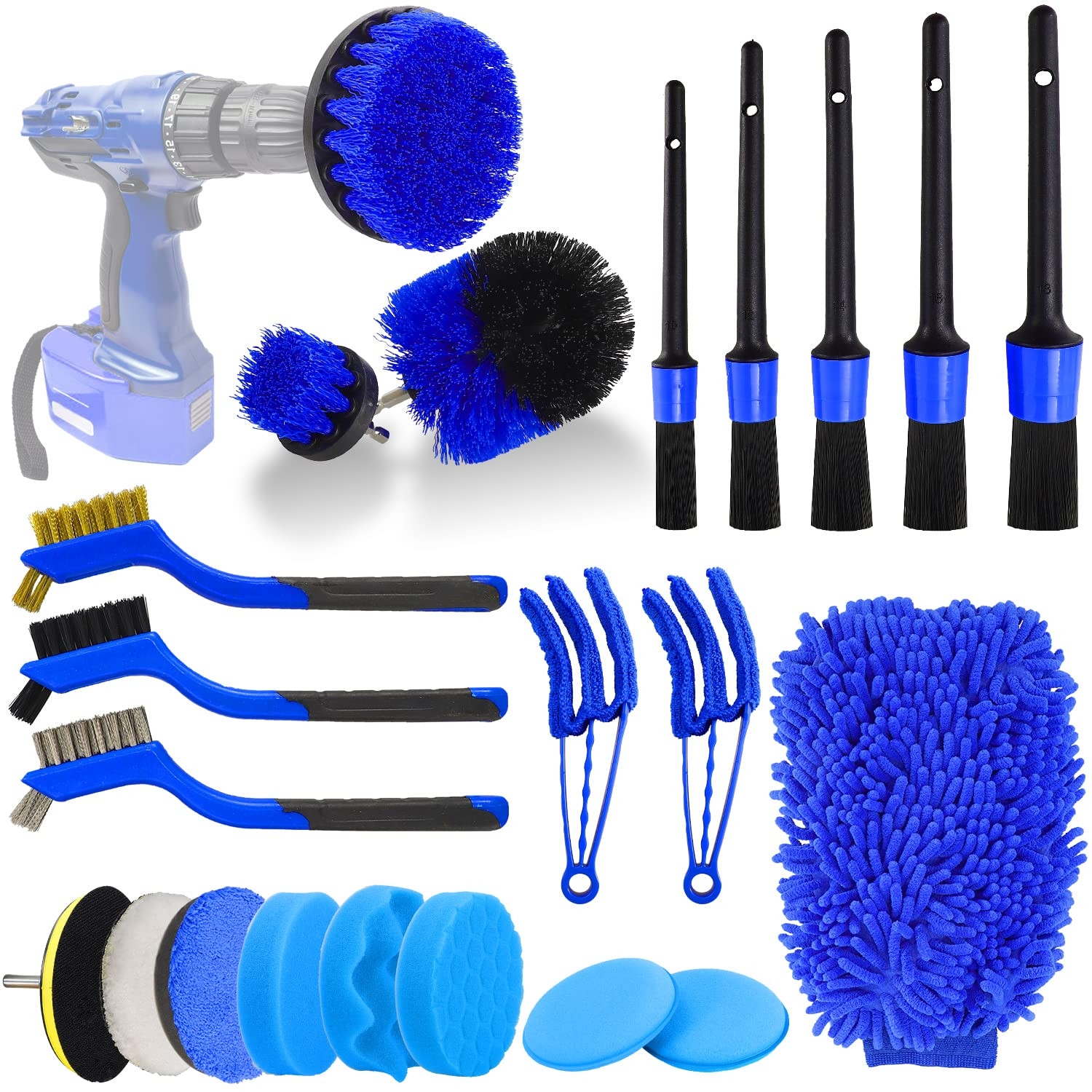 22 Stück Autodetail-Kit Bürsten Set Innenreinigung Mit Auto Bohrer Weiches Bürstchen Anschluss Schwamm Polieren Pads